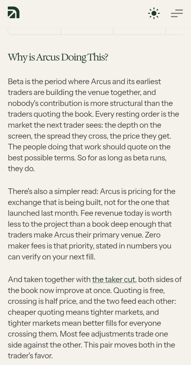 Dhruv_Sniper's tweet photo. I was wondering why @arcus_xyz decided to bring maker fees down to 0% and cut taker fees by 50% during its Beta phase.

After digging a little deeper and speaking with a few people, here is what I have gathered:

They are basically prioritising liquidity over fee revenue right now.

For quoting traders, fees are at 0% and for traders taking liquidity, fees are also reduced by 50%.

The logic is simple:
More market makers → deeper order books → tighter spreads → better execution → more traders.

Arcus is essentially saying that having a deep and competitive order book today is more valuable than squeezing out fee revenue this early. And honestly, it makes sense.

An exchange can always monetise volume later.

But getting traders to trust your execution and make Arcus their primary venue requires good liquidity first.

Interesting part is everybody is benefited from this structure:

Makers: 0% fees
Takers: 50% lower fees
Traders: Better spreads + execution
Arcus: Builds a stronger market before shifting to revenue

If Arcus and its beta traders can successfully build a tight and deep order book, it could be a win-win for everyone.

Bullish on @arcus_xyz 
Bullish on @RobinhoodApp 
Bullish on @dYdX