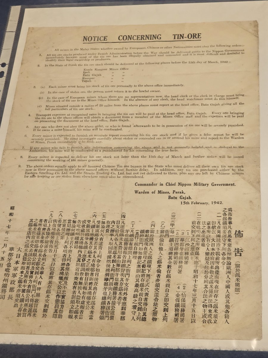 ContinueOnwards's tweet photo. @mitaka_for_sure @uncleTomat0 Ah I see. Imperial Japan invaded Malaysia (then Malaya) for resources like tin (can see the notice I attached) and rubber. They did build a railway, but it involved many deaths, abuse, and rape. They also use divide and conquer, so some may say, "Imperial Japan wasn't that bad". https://t.co/sSL12TeKhr