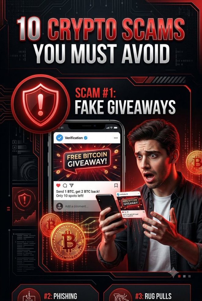 FredOzXIII's tweet photo. If someone promises free Bitcoin or guaranteed rewards, stop and verify first. Real crypto platforms don't ask you to send crypto to receive more back.
Hashtags #CryptoScam #Bitcoin #CryptoSafety #CryptoTips #BlockchainInvest https://t.co/V5PKPDP26M