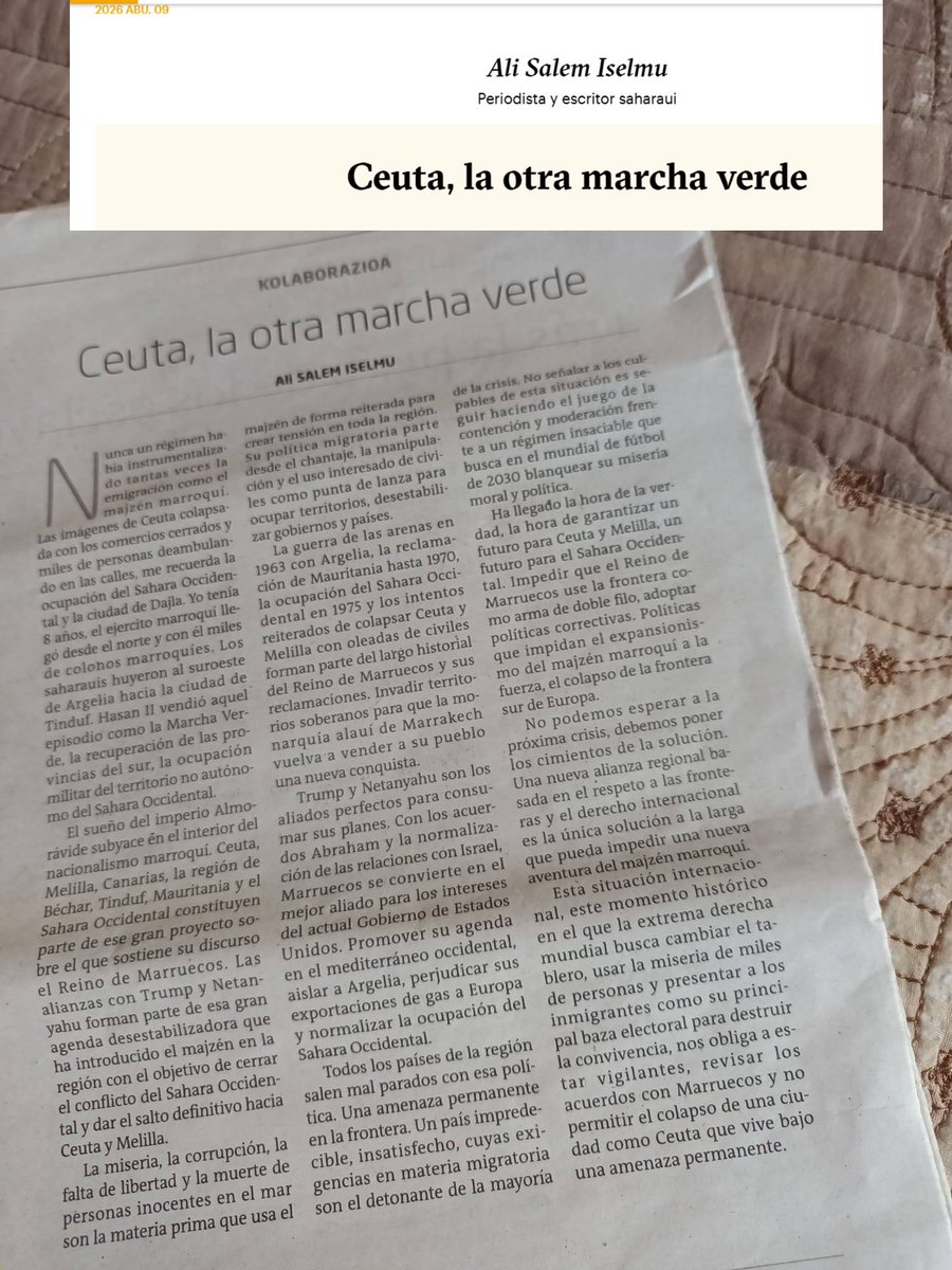 Sahara_1951's tweet photo. Ali Salem Iselmu reflexiona sobre la crisis de Ceuta, comparándola con su experiencia en la ocupación del Sáhara Occidental. Propone una política regional que respete derechos y fronteras internacionales. https://t.co/VnM75ecVC1 https://t.co/YvGzBUOxRD
