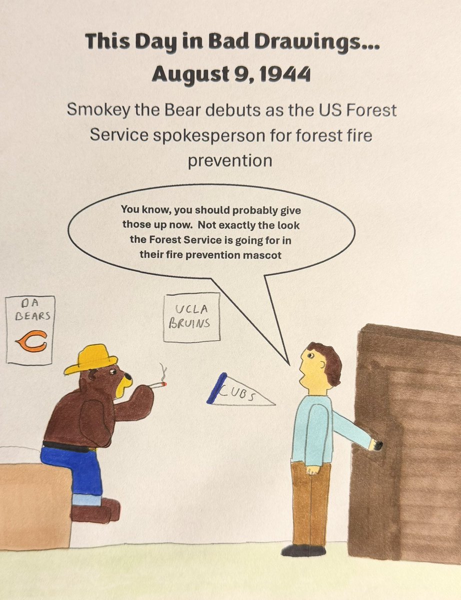 tdibd2023's tweet photo. This day in bad drawings, 1944: Smokey the Bear debuts as the US Forest Service spokesperson for forest fire prevention #ThisDayInHistory #History #OTD #SmokeyTheBear #USFS #Fires #ForestFires #OnlyYou #HistoricalHumor #Humor #Comic #TDIBD #Smoking https://t.co/SUw76GXTj6