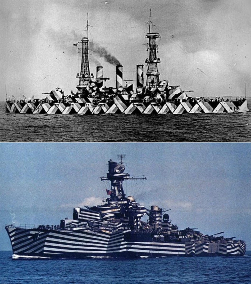 Dr_TheHistories's tweet photo. During WWI, some British and American warships were painted in wild patterns of contrasting stripes and geometric shapes. Known as “dazzle camouflage,” the designs were not intended to hide the ships at all. Instead, they were meant to confuse German U-boat crews trying to target them.

Submarine crews had to estimate a ship’s distance, speed, and direction before firing a torpedo. The unusual patterns broke up the outline of a vessel, potentially making it harder to tell which way it was moving or even distinguish its bow from its stern.

Thousands of ships received dazzle patterns during the war, with many given their own unique designs. Although historians still debate how effective the technique actually was, it produced some of the most distinctive-looking warships ever sent to sea.

The idea is most closely associated with British artist Norman Wilkinson, who proposed dazzle camouflage in 1917. Rather than making ships less visible, Wilkinson believed confusing a submarine crew's perception could make accurate torpedo targeting more difficult.

#drthehistories