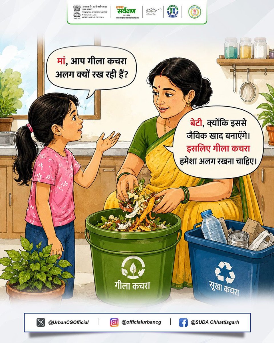UrbanCGOfficial's tweet photo. बच्चे वही सीखते हैं जो वे घर में देखते हैं।
जब परिवार कचरे का सही पृथक्करण करता है, तो बच्चों में भी स्वच्छता की अच्छी आदतें विकसित होती हैं।
आज दी गई सही सीख भविष्य में स्वच्छ समाज की मजबूत नींव बनती है।
#WasteSegregation
#ReduceReuseRecycle
#SwachhBharat
#urbanchhattisgarh
#arunsao