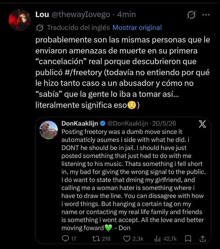 Rafafaar's tweet photo. @37dvyn @sassiestemily And on the don thing, as this image says (on Spanish) “all those threats may come from the very same ppl who threaten his the first time he got his first real cancellation, cuz they discovered that he posted # freetroy (as he supported an abuser ) and then he didn’t know why ppl+ https://t.co/836juzIBQ5
