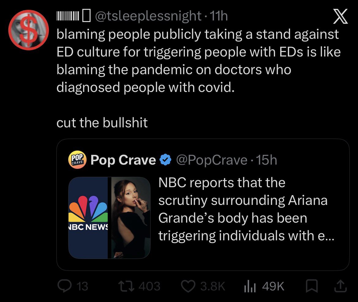 imperfectforAnt's tweet photo. this is a great freudian slip. these people are not concerned for her; they are ANGRY with her because they believe she is conforming to a patriarchal need for women to be thin. they want to be the counterculture and are making her the face of a DISEASE they view as a trend https://t.co/giYxBlxHxL