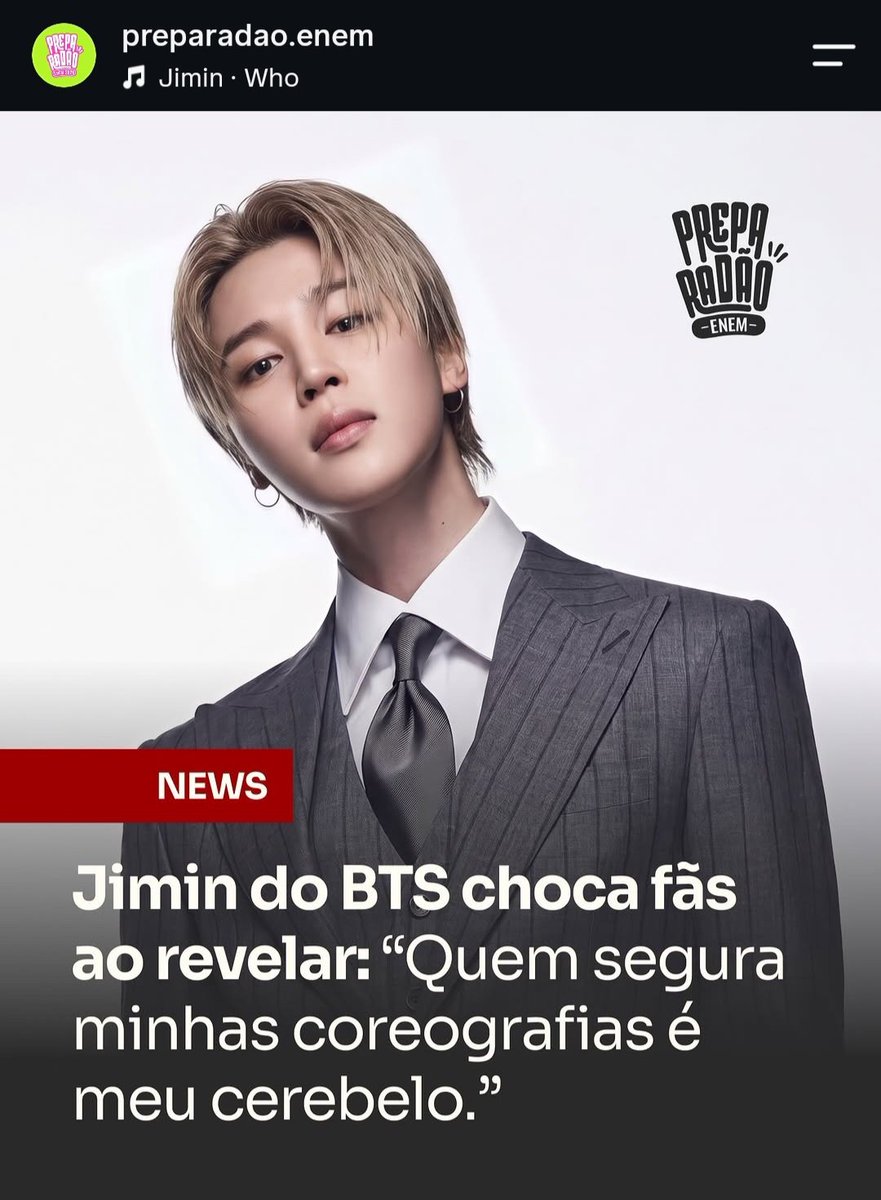 PJiminSupportBR's tweet photo. Mais uma da série o Jimin está em todo lugar!!

O cursinho preparatório para o Enem "Preparadão" usou como exemplo a dança do Jimin para explicar sobre Biologia em seu Instagram!
Tenho certeza que o nosso lindo nerd Jimin iria amar o conteúdo e compartilhar 🤓

"Jimin do BTS é conhecido pela precisão
nas coreografias, giros e movimentos que parecem impossíveis de fazer sem cair no chão em 3 segundos
E é aí que entra a Biologia.
Você vai entender o papel do cerebelo, a parte do sistema nervoso que ajuda no equilíbrio, na postura e na coordenação motora.
Também vai ver como neurônios, impulsos nervosos,sinapses e músculos trabalham juntos para transformar
comando em movimento."