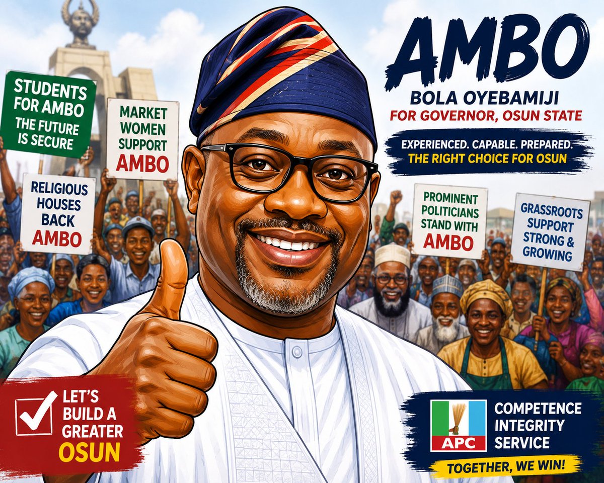 Banty4them's tweet photo. 🚨 OSUN 2026: IS AMBO QUIETLY BUILDING THE COALITION THAT COULD UNSEAT ADELEKE?

Everyone is talking about Davido and Governor Adeleke.

But while social media is focused on celebrity influence, something else is happening on the ground that deserves serious attention.

Bola Oyebamiji (AMBO), the APC candidate, appears to be steadily assembling a broad political coalition ahead of August 15.

Students have publicly backed him, although that particular endorsement has also faced a counterclaim from Osun NANS leaders who said they were not consulted.

Market men and women at Igbonna Market have endorsed him and pledged to mobilise votes, while traders at Sabo Market and members of the Hausa community there have also declared support.

Religious support is another interesting dimension.

The Ansar-Ud-Deen Society in Osun has declared support for Oyebamiji, while the Concerned Muslim Stakeholders and League of Alfas have also endorsed him.

Then there is the APC political machinery.

Oyebamiji's campaign has been building a polling-unit structure across the state's 30 LGAs and 332 wards, while prominent political figures and defectors have continued to feature in the campaign.

But here's the part people should not overlook:

Endorsements don't vote. People do.

A market association can endorse a candidate without every trader voting for him.

A religious organisation can issue a statement without every worshipper obeying it.

A student body can endorse a candidate without translating that endorsement into turnout.

And the same applies to celebrity influence.

So I wouldn't say AMBO has already won Osun.

Far from it.

Adeleke still has incumbency, his own grassroots structures, significant support among various groups and the powerful Adeleke family brand. Some APC and SDP figures have even defected to Adeleke's Accord Party.

But this is what makes August 15 fascinating:

APC appears to be building a coalition from several different directions — students, traders, religious groups, political actors and grassroots structures — while Adeleke is fighting to defend an incumbency advantage.

The question is no longer simply:

"Who is more popular?"

The real question is:

WHO CAN CONVERT SUPPORT INTO ACTUAL VOTES AT THE POLLING UNITS?

That is where this election will be decided.

Davido may bring the noise.

Adeleke may have incumbency.

AMBO may be gathering momentum.

But on election day, the ballot box has the final word.

And honestly, anyone confidently calling this election for either side several days before the votes are counted may be underestimating Osun politics.

August 15 could be much closer than the social-media battlefield suggests.

#Osun2026 #OsunDecides #NigeriaPolitics #AMBO #Adeleke