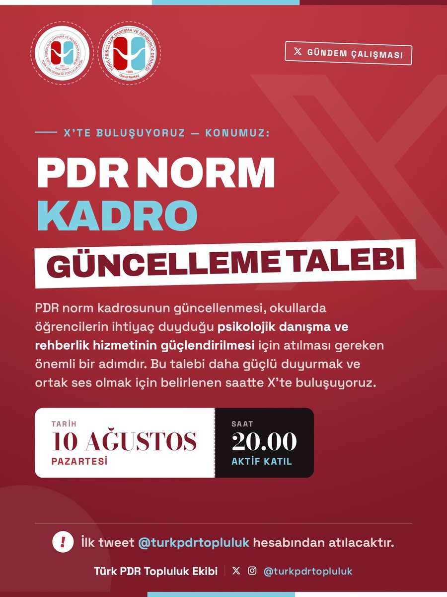 turkpdrtopluluk's tweet photo. Okullarda ihtiyaç duyulan psikolojik danışma ve rehberlik hizmetlerinin güçlendirilmesi, PDR
Normunun güncellenmesi talebimizle yarın X'te buluşuyoruz!

📅10.08.2026 | 20.00

❗️ilk tweet @turkpdrtopluluk X hesabından atılacaktır. https://t.co/QcVZY9lZFV
