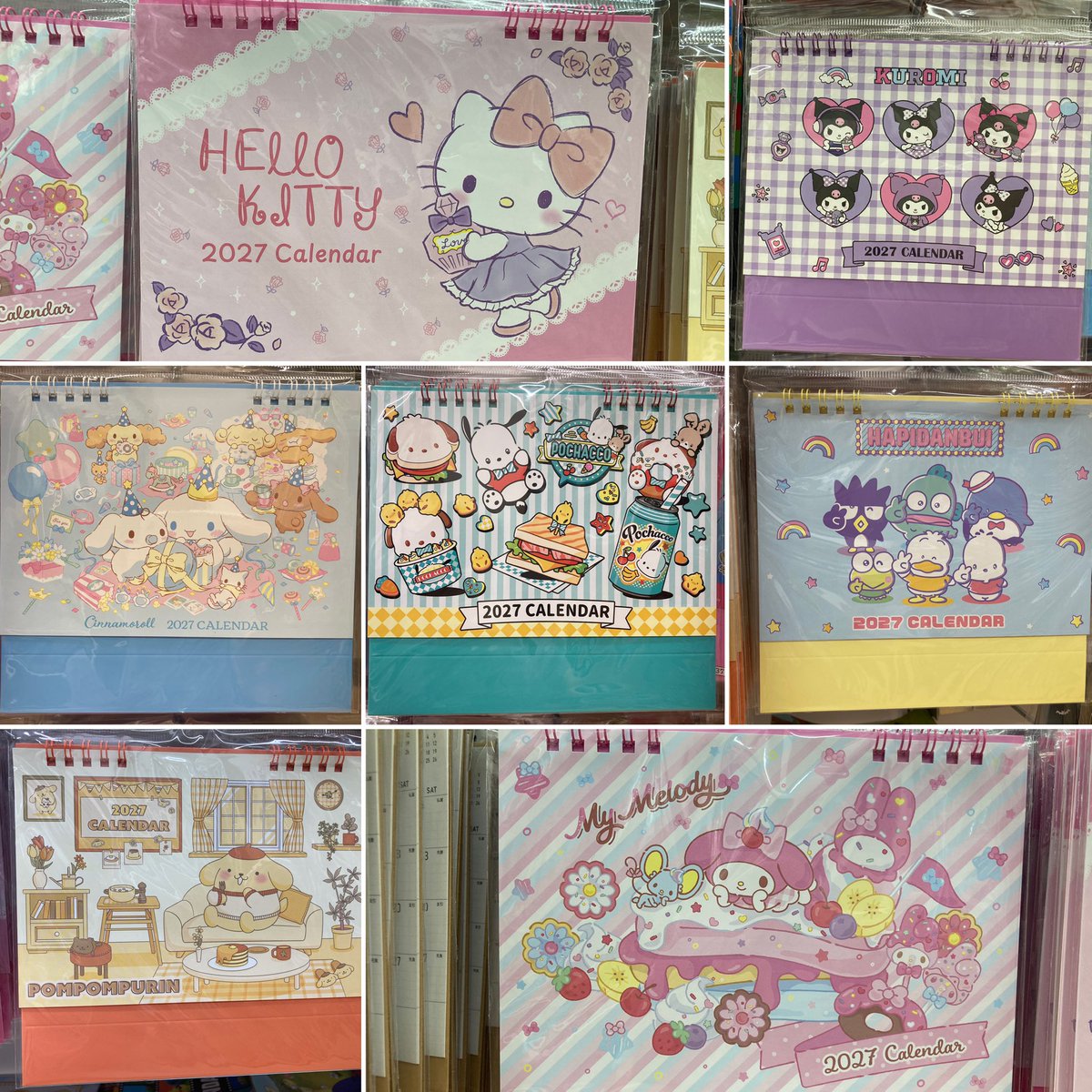 milktea_kitty11's tweet photo. ダイソーさん☆サンリオ新商品！
♡2027年カレンダーラインナップ♡

卓上カレンダー
♡ハローキティ
♡マイメロ
♡クロミ
♡シナモンフレンズ
♡ポチャッコ
♡ポムポムプリン
♡はぴだんぶい

カラフルでかわいいー♡♡♡
壁掛けはクロミ＆シナモン、ポスターカレンダーはアメリカンダイナーだよ♡ https://t.co/GGKO26IM71