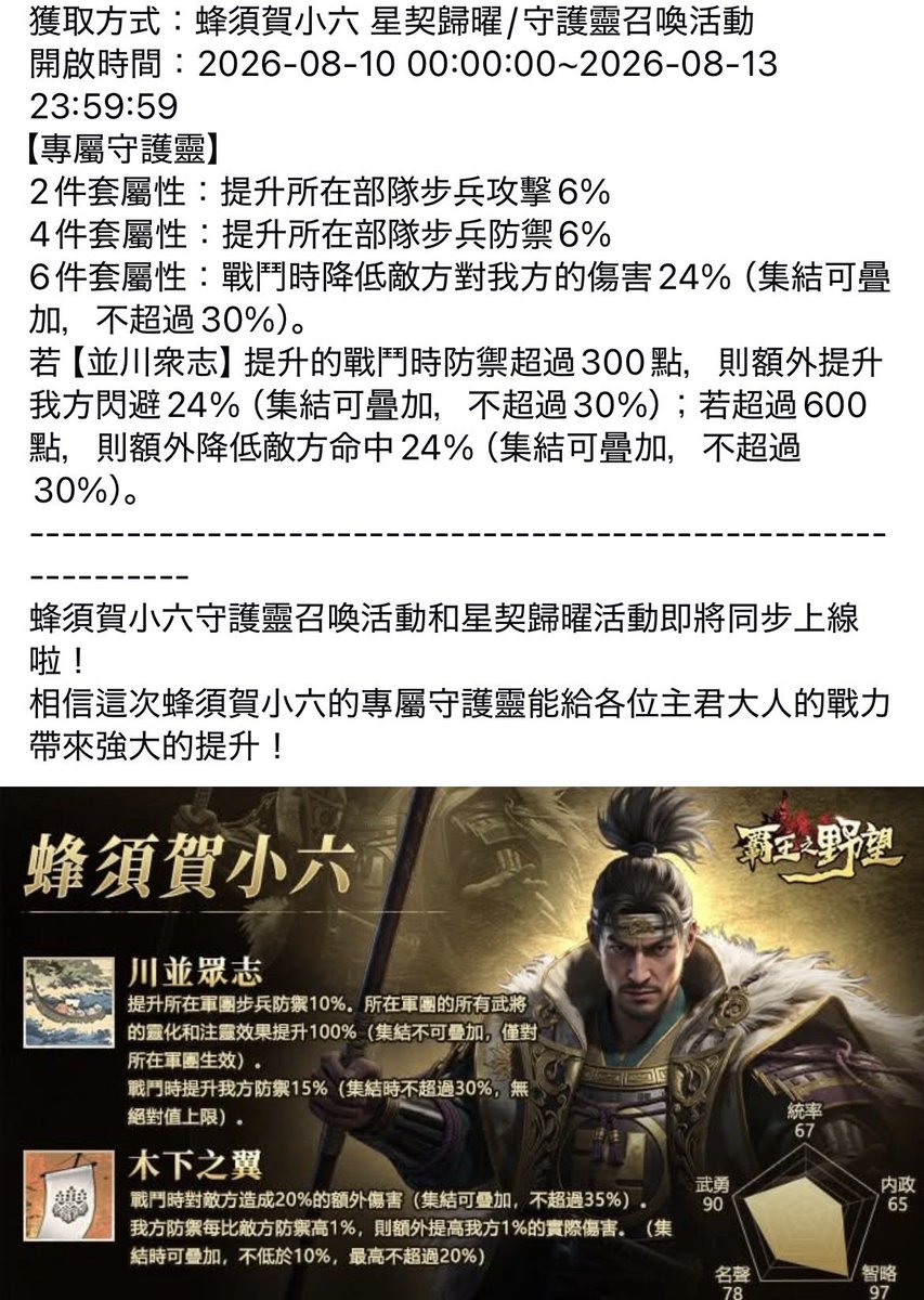 wOC8l9UOuF46B2o's tweet photo. 台湾版　歩兵知略武将蜂須賀小六実装
専属がお強いパターンっぽい感じかね
去年真柄がこの時期に実装で日本は10月実装だったからそのままなら10月かな？
#獅子の如く https://t.co/a57RvwMwmy