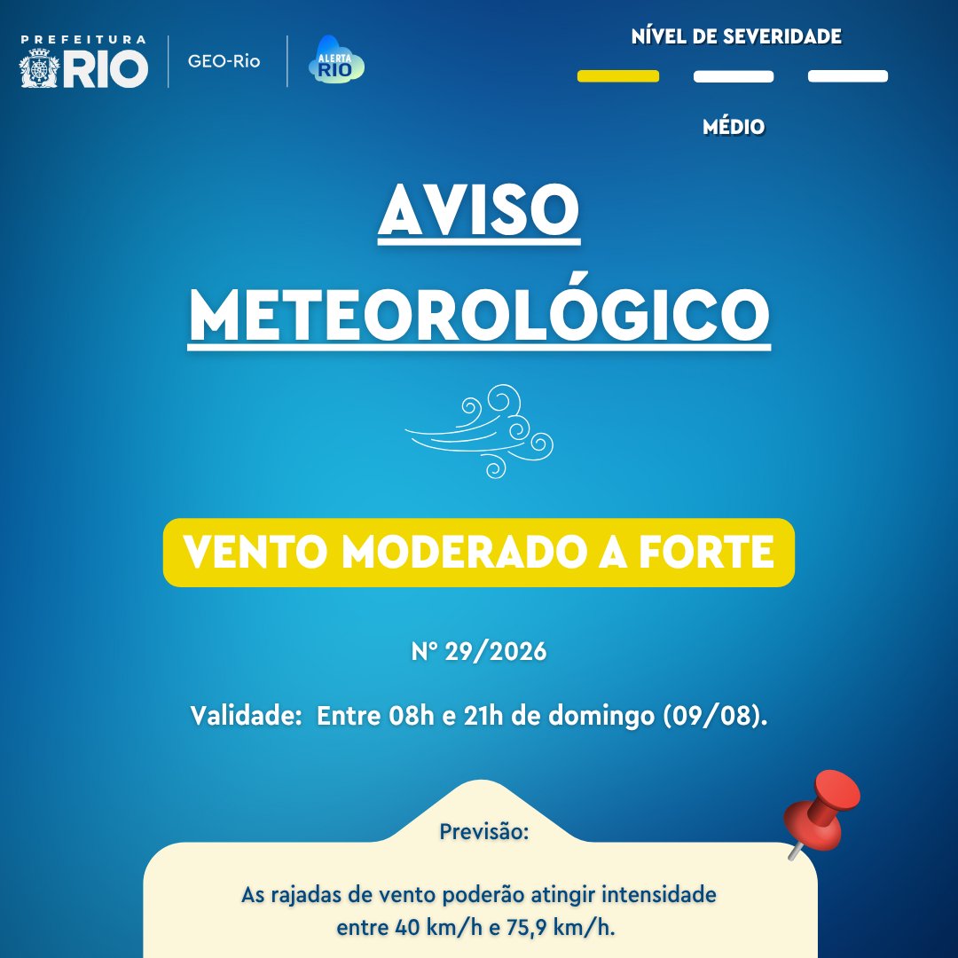 AlertaRio's tweet photo. ⚠️ AVISO METEOROLÓGICO | A aproximação de uma frente fria intensificará os ventos na cidade do Rio neste domingo.  
Previsão de rajadas de vento moderado a pontualmente forte a partir da manhã.  
As rajadas de vento poderão atingir intensidade entre 40 km/h e 75,9 km/h. https://t.co/dwaQMSpLTm