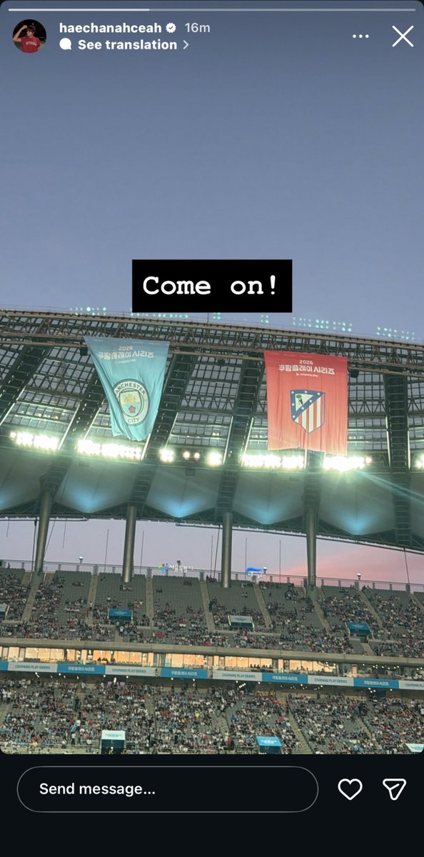 chaechmogusun's tweet photo. oh jadi hari ini haechan lg nonton Coupang Play Series, antara Manchester City vs Atlético Madrid, di Sangam stadium.... gemes bgt sayangku, have fun😭🫰🏻 https://t.co/vo5zi5MeKl