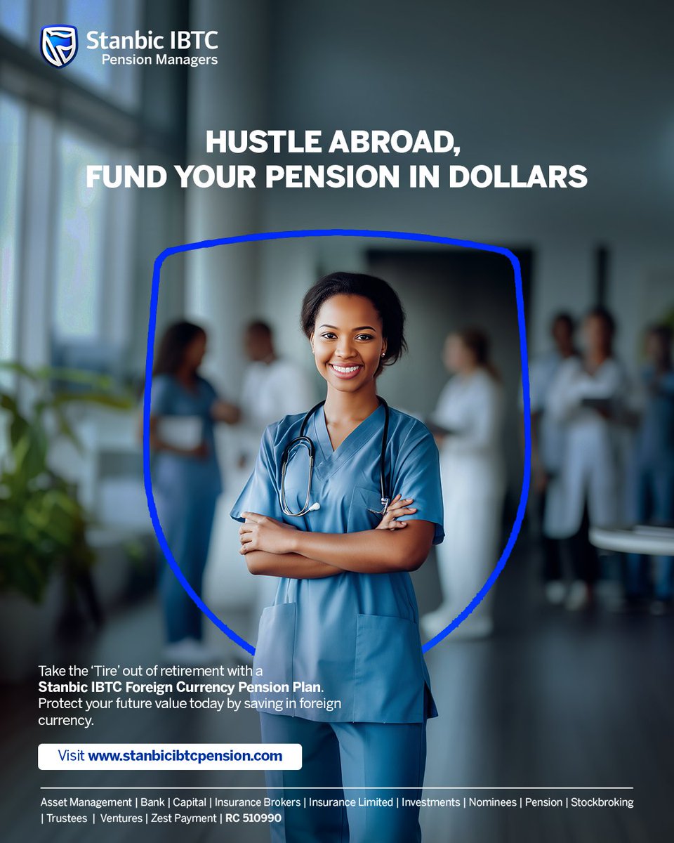 StanbicIBTC's tweet photo. You are working hard abroad; your money should work just as hard for your future. Now you can save in Dollars and retire with confidence, no matter where life takes you.

With the Stanbic IBTC Foreign Currency Pension Plan, you don’t just earn in USD; you grow and protect your retirement in it too. Built for Nigerians in the diaspora and professionals earning in foreign currency, a flexible plan that gives access to global investments while shielding your savings from currency swings.  

Click https://t.co/DYRH1Rlksv to get started.

#StanbicIBTC💙
#ForeignCurrencyPension
#PlanYourFuture