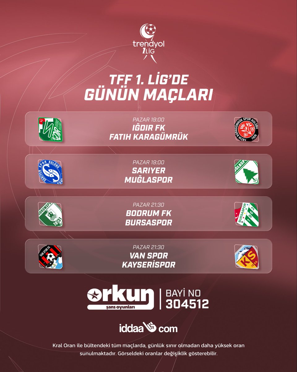 304512OrkunSans's tweet photo. Türkiye’de futbol heyecanı devam ediyor. 🇹🇷⚽

🏟 Iğdır FK – Fatih Karagümrük | 19:00
🏟 Sarıyer – Muğlaspor | 19:00
🏟 Bodrum FK – Bursaspor | 21:30
🏟 Van Spor – Kayserispor | 21:30

Oranları Yakala 👀
🔗 Link bio'da https://t.co/Xl1PWP2If8