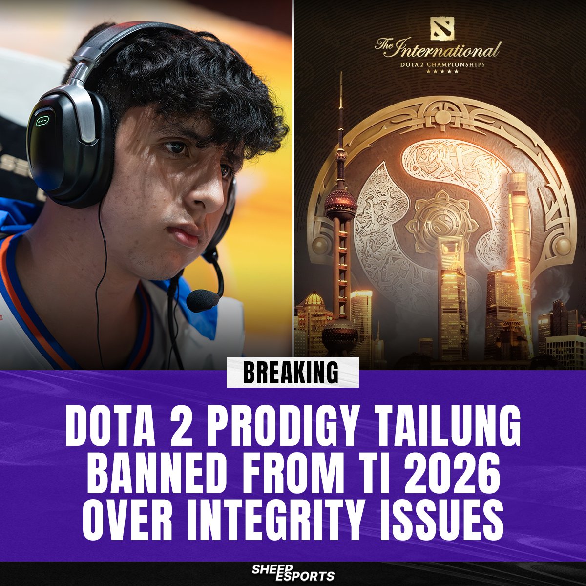 Sheep_Esports's tweet photo. 17-year-old Dota prodigy TaiLung 🇵🇪 has been banned from the 2026 Dota 2 World Championship (TI) and all future PGL events, as announced by LGD Gaming.

The midlaner was banned over competitive integrity issues related to previous tournament activity, with no further details disclosed.

LGD will now have to find a replacement just four days before TI 2026 begins.
