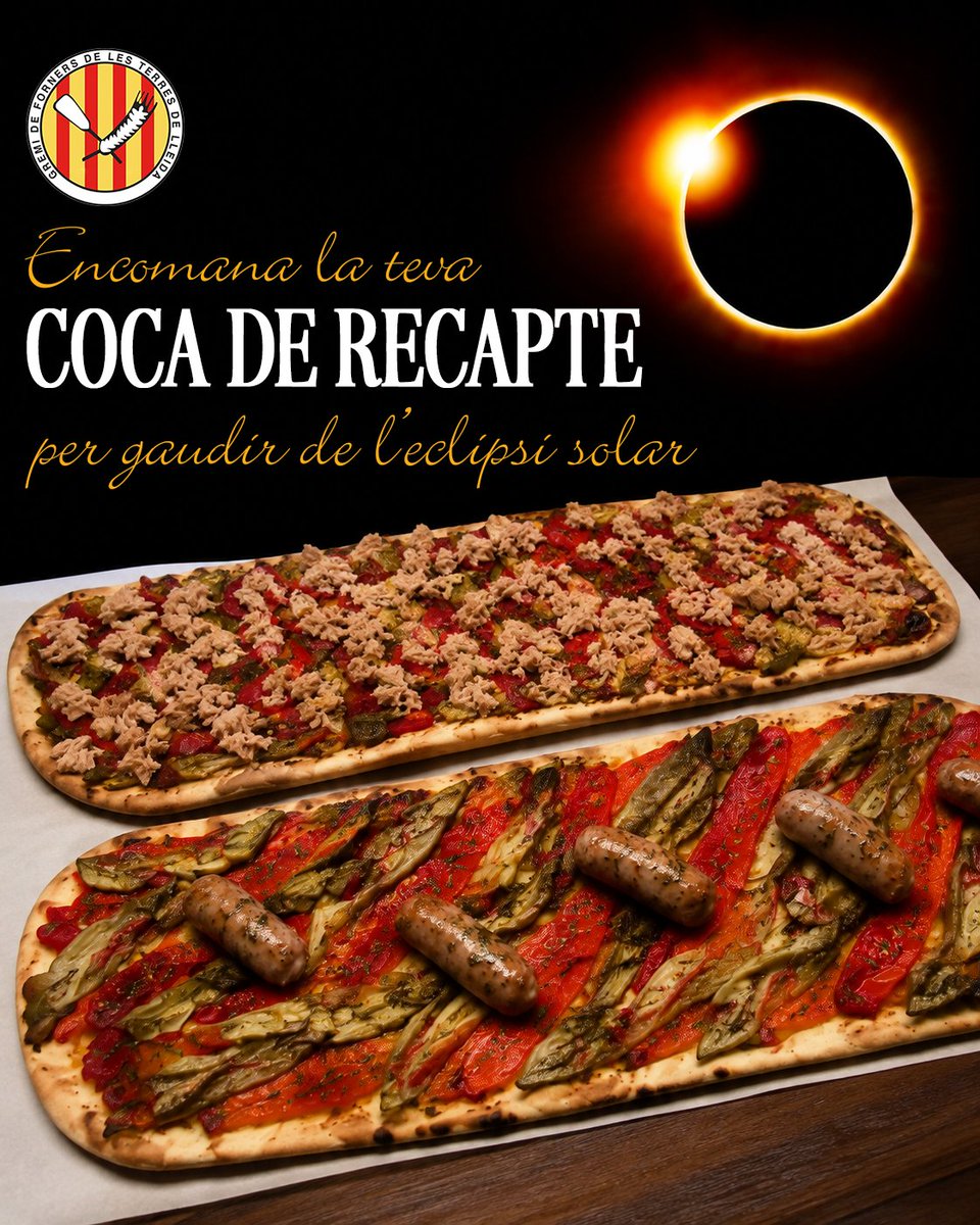 fornerslleida's tweet photo. Aquest 12 d’agost, mentre gaudim de l'eclipsi solar de manera privilegiada a #Lleida, que a taula no hi falti un imprescindible: la coca de recapte!
Encomana-la al teu forner de confiança del Gremi @fornerslleida i gaudeix d’un sopar ben nostre mentre esperes l’eclipsi! https://t.co/Kg9XepSi5z