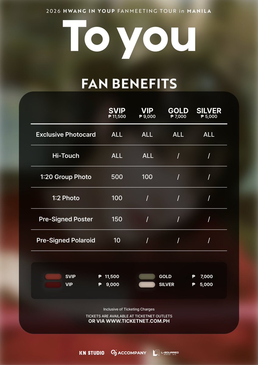 philconcerts's tweet photo. Seat plan, ticket prices, and fan benefits for the 2026 HWANG IN YOUP FANMEETING TOUR <To you> IN MANILA, happening on October 31, at the New Frontier Theater!

Tickets go on sale on August 30, 2026, 12NN via https://t.co/c80wJHrrKz and TicketNet outlets.

@LSquaredProdPH https://t.co/Lx5Ref353b