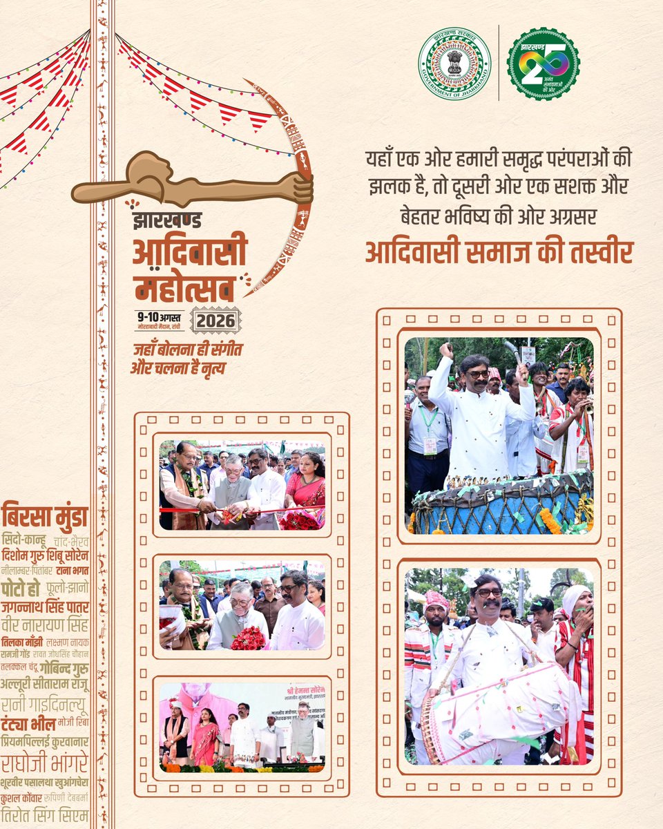 JharkhandCMO's tweet photo. विश्व आदिवासी दिवस के अवसर पर आयोजित महोत्सव में शामिल होकर अत्यंत प्रसन्नता हुई। जल, जंगल, जमीन की रक्षा और अपनी समृद्ध संस्कृति को अक्षुण्ण रखना हमारी प्राथमिकता है। इस पावन अवसर पर सभी को हार्दिक बधाई एवं जोहार: श्री @HemantSorenJMM 
#Jharkhandsejohar #AdivasiMahotsav https://t.co/0vbP4xg884