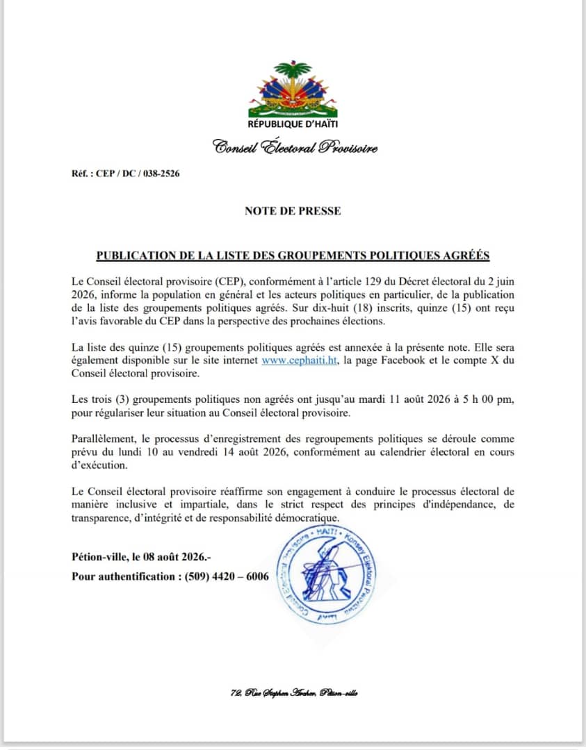 cep_haiti's tweet photo. PUBLICATION DE LA LISTE DES GROUPEMENTS POLITIQUES AGRÉÉS
https://t.co/MqvgrbcUcs https://t.co/XskzQinRwR