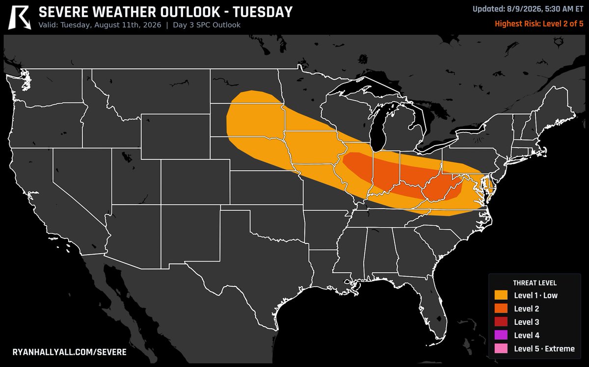 ryanhallyall's tweet photo. Tuesday's severe threat over Indiana, Illinois, and West Virginia is up to a Level 2 risk. Leftover storms from the day before should leave behind a boundary that reignites into a cluster of strong to severe storms as it slides into the Ohio Valley that afternoon, and damaging wind gusts look like the main worry if that cluster holds together into the evening.
