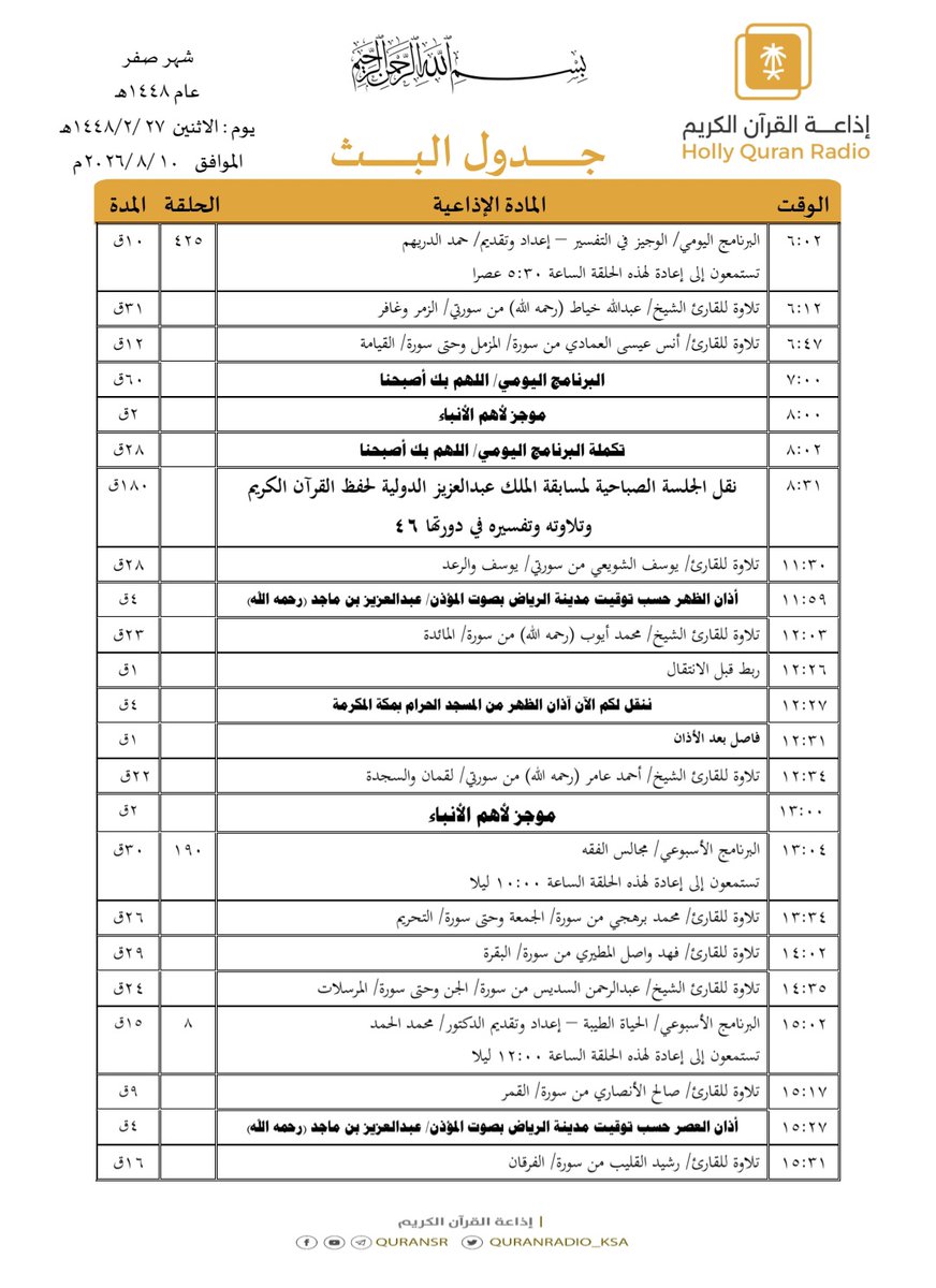 QuranRadio_ksa's tweet photo. جدول تلاوات وبرامج
#إذاعة_القرآن_الكريم
ليوم #الاثنين 1448/2/27

رابط البث المباشر 👇🏻
https://t.co/Uc2JC5TYgh https://t.co/Rcg3r1ShO1