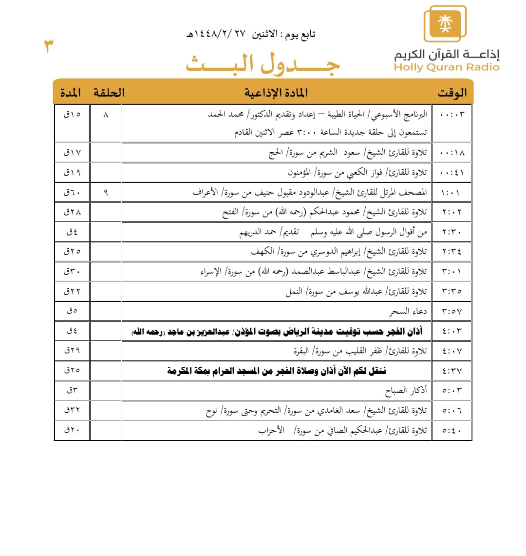 QuranRadio_ksa's tweet photo. جدول تلاوات وبرامج
#إذاعة_القرآن_الكريم
ليوم #الاثنين 1448/2/27

رابط البث المباشر 👇🏻
https://t.co/Uc2JC5TYgh https://t.co/Rcg3r1ShO1