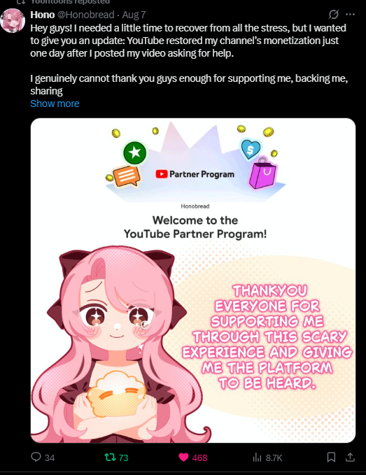 IrisBuns's tweet photo. @TeamYouTube @YouTubeCreators This is un acceptable you got to these other creators no problem we demand a human review! https://t.co/JfXjhfo2zQ