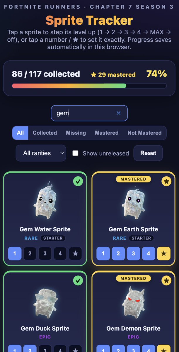 AqualuxCrafts's tweet photo. 💎 The Gem wave is live — Water, Earth, Duck, Demon, Aura, Zero Point &amp; Grim dropped this week with 30% fall damage reduction.

All on the tracker already. Updated every New Sprite Day.

https://t.co/3QNAWJx4na

#Fortnite #FortniteRunners https://t.co/YeMYvVA07W