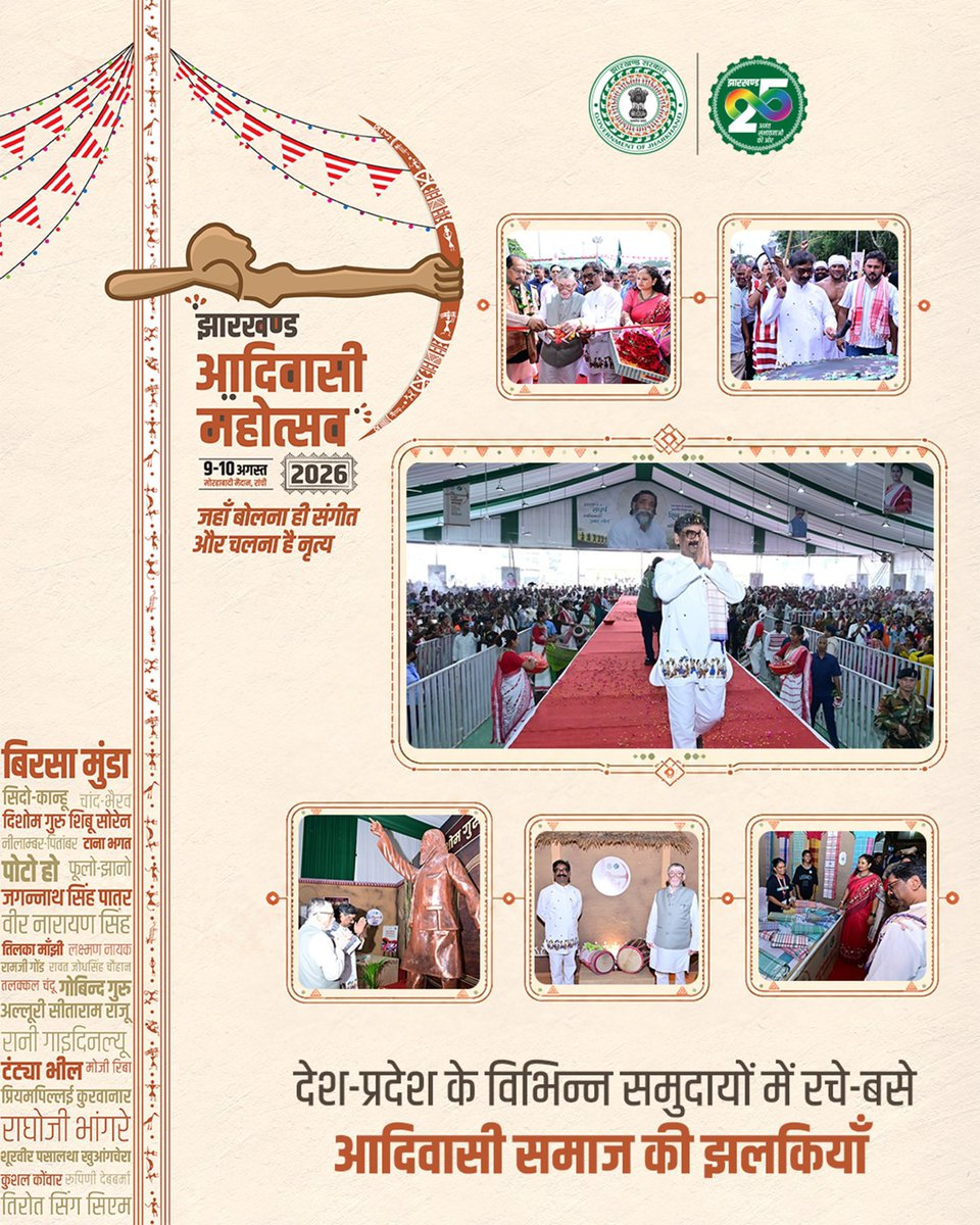 JharkhandCMO's tweet photo. ढोल-मांदर की गूंज और परंपराओं का यह अनूठा उल्लास।
झारखण्ड आदिवासी दिवस के अवसर पर रांची की सड़कों पर उतरा आदिवासी लोक-संस्कृति का गौरवशाली कारवां तो झूम उठा झारखण्ड।

@VisitJharkhand @CultureJhrGovt 
#Jharkhandsejohar 
#AdivasiMahotsav https://t.co/50lqhSe0IK