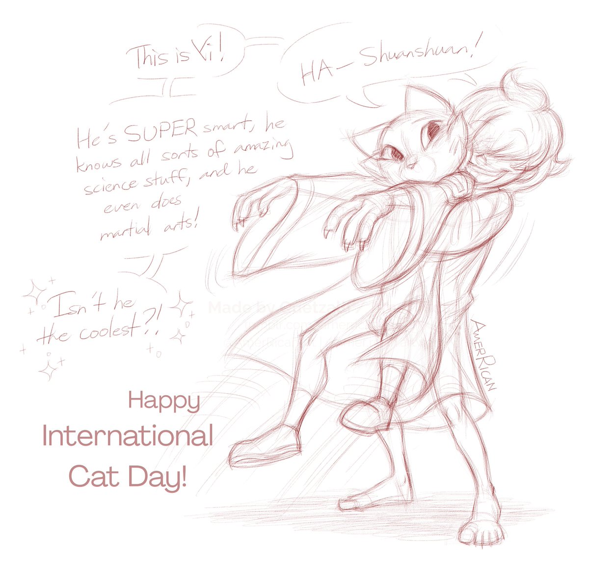 AmerRicanArt's tweet photo. Apparently yesterday was #InternationalCatDay, so here's a cute little Nine Sols doodle to celebrate! 
Hope you guys enjoy it as much as Shuanshuan loves his favorite cat!
#NineSols #九日 https://t.co/qRCBqgL21D