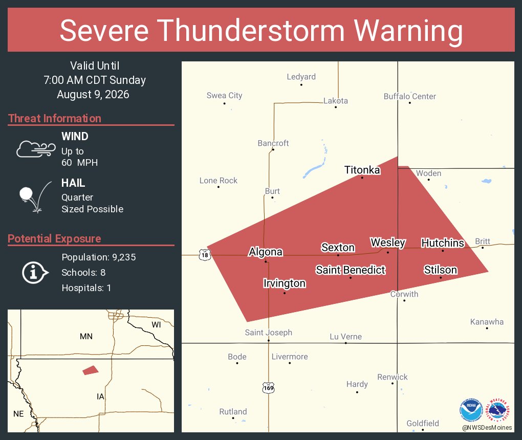 NWSDesMoines's tweet photo. Severe Thunderstorm Warning including Algona IA, Titonka IA and  Wesley IA until 7:00 AM CDT https://t.co/A7RhuFu36n