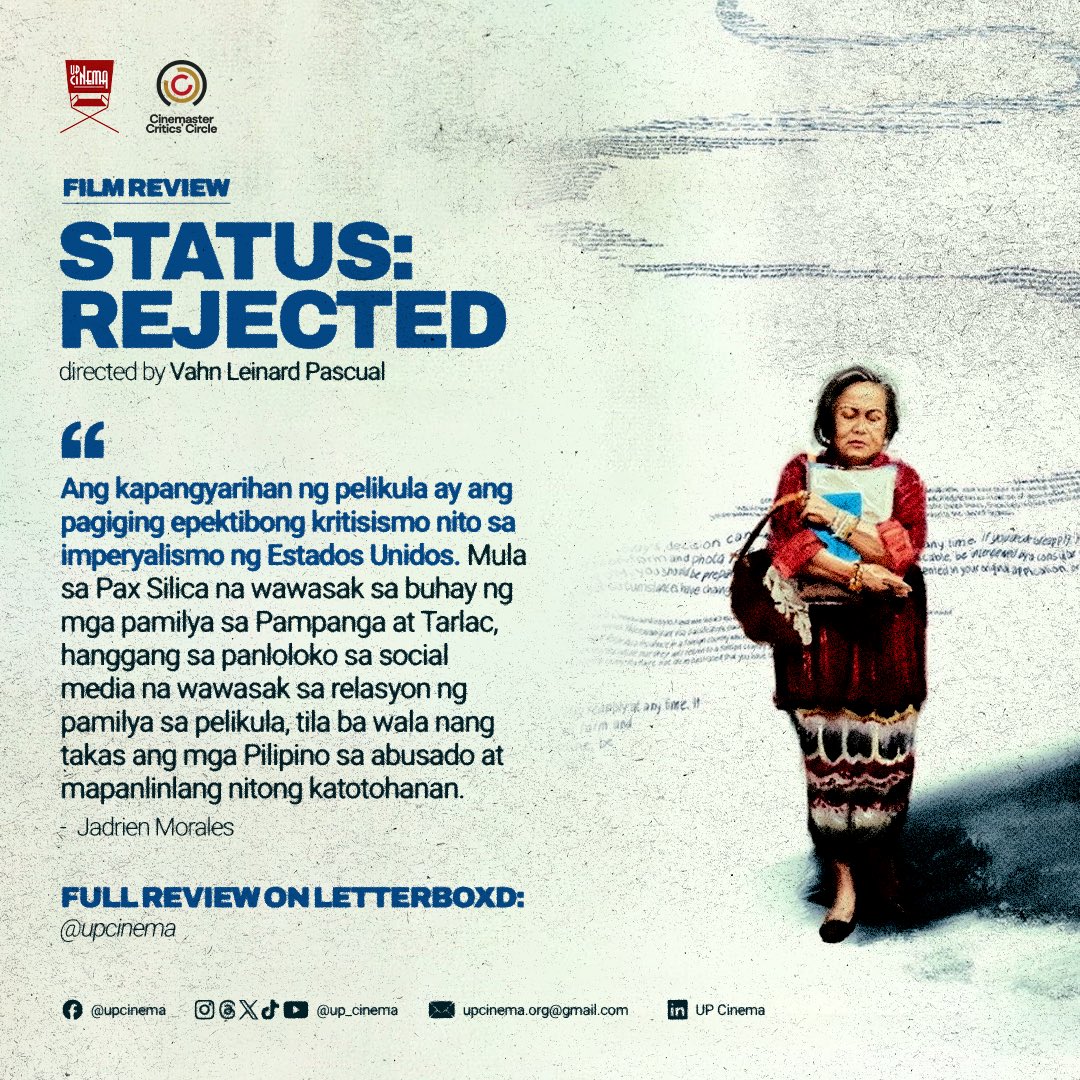 up_cinema's tweet photo. Rebyu ng Cinemaster Critics' Circle sa STATUS: REJECTED 

Basahin ang buong rebyu ni Jadrien Morales sa LetterBoxd: https://t.co/uLAdvgbI1Y

#CCC
#CCPCinemalaya2026 
#UPCinema 

🎨: Cy Navalta https://t.co/gXn6iq5c0y