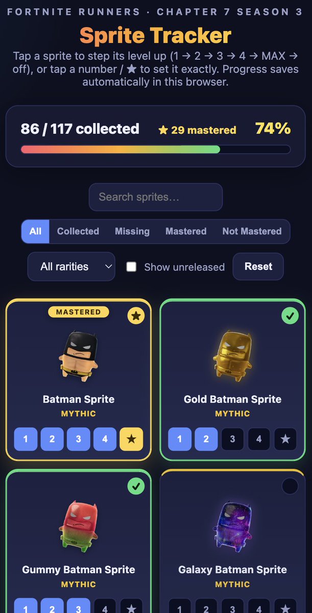 AqualuxCrafts's tweet photo. @Priscilla_12_23 Congrats, that was quick with the gem wave only dropping Thursday. If you fancy chasing the mastery rewards next, I made a free tracker for all 117 sprites with level and mastery tracking: https://t.co/3QNAWJx4na https://t.co/IkureB0TVD