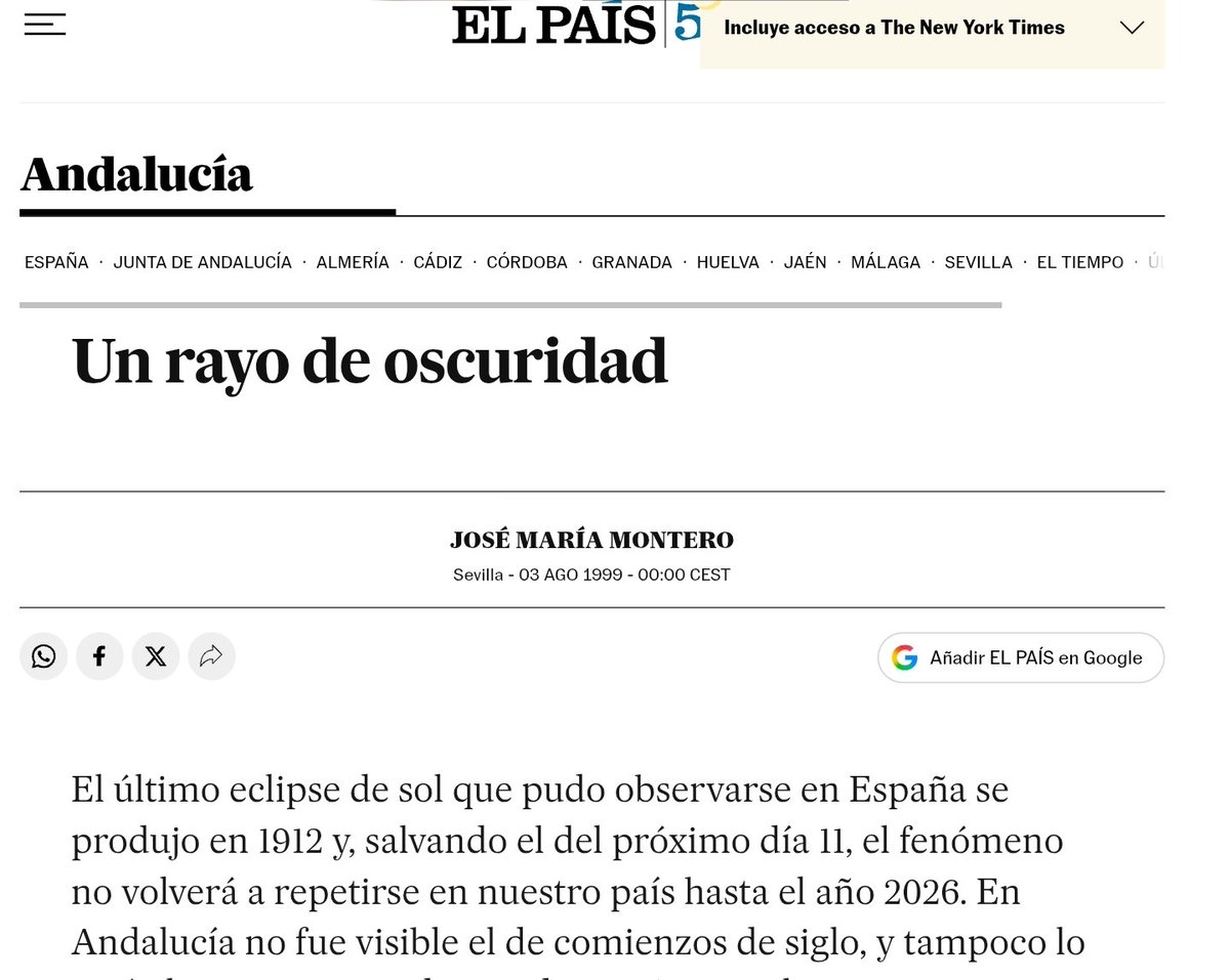monteromonti's tweet photo. Estamos rodeados de eclipsólogos 😂 Yo también lo fui 🙋🏻♂️🤦🏻♂️, pero hace muuuucho 👉🏻 "Un rayo de oscuridad" (El País, 3.8.1999). En el reportaje explicaba el #eclipse parcial de aquel agosto de hace 27 años, y en la segunda línea... https://t.co/zZSRf42T3q
