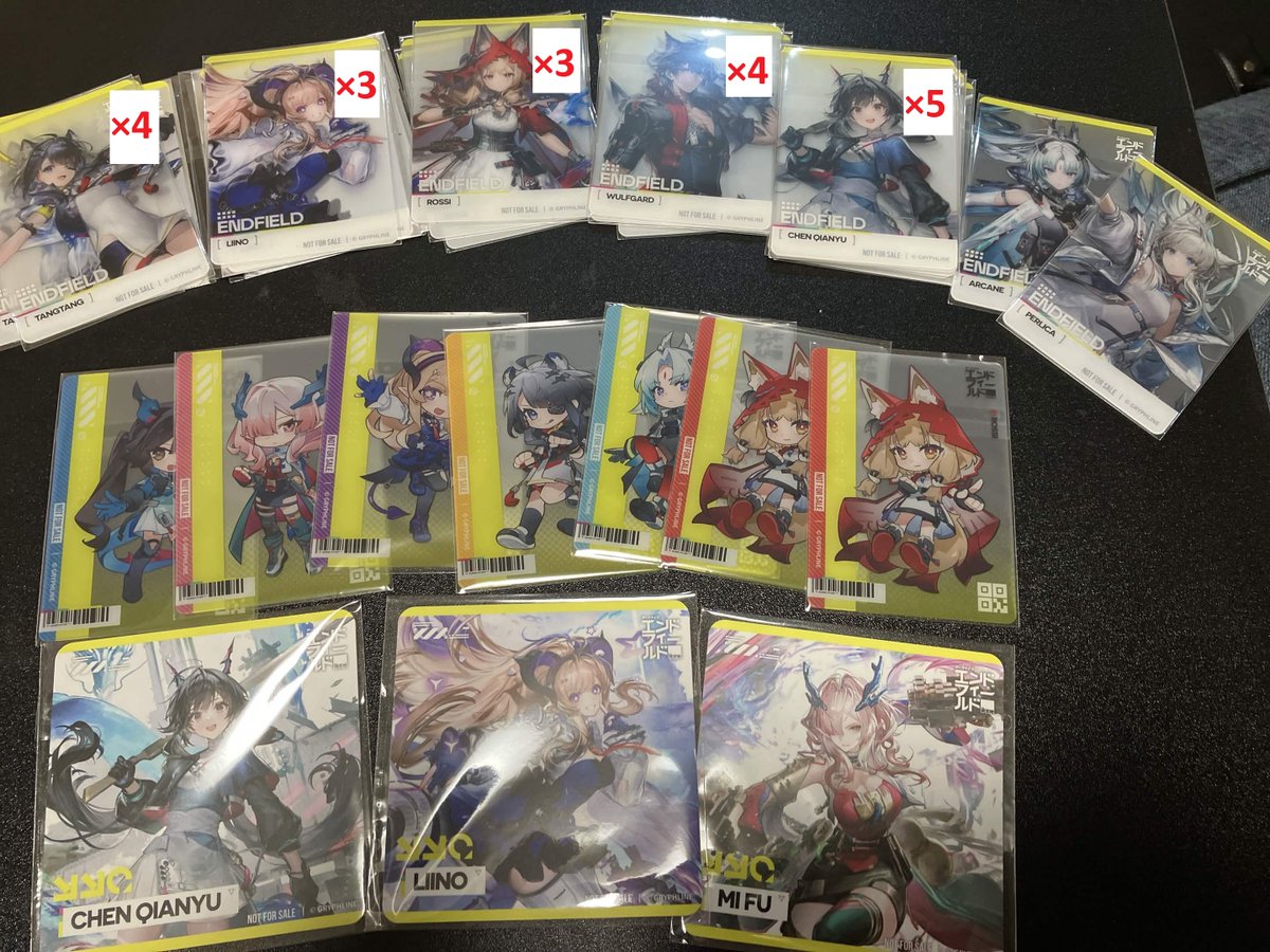 meronwarai's tweet photo. 【交換】アークナイツ エンドフィールド GIGO 特典

【譲】画像のもの
【求】 クリアカード交換：異種交換可(キャラ不問)
　　　コースター交換：同種のみ(キャラ不問)

重複分整理しました。コンプ目的で利用ください。
明日(8/10 11:00～15:00)池袋にて交換できる方。
※郵送での対応はしてません。 https://t.co/PE1mDGcJbk
