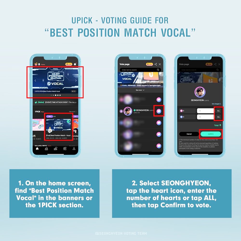Hyeonville's tweet photo. [📢]  UPICK VOTING ANNOUNCEMENT 🗳️

#SEONGHYEON has been nominated in the Best Position Match - Vocal category on UPICK! 🎤

🏆 Reward: Times Square art canvas display at Yeongdeungpo Station.

⏳ Deadline: 14th Aug, 15 PM KST
🗓️ Time Attack Event : 10th Aug (time will be revealed on the day)

☞︎︎︎ To Do List :

1.  Collect blue jams for payback event.
2. Save in multiple accounts. 
3. Stay tuned for Time Attack schedule update.
4. Join all RT deals & giveaway polls.
5. Read image guidelines for Tutorials.
6. After receiving payback jams, save for 14th and do not drop jams until d-day ‼️ 

#SEONGHYEON #성현
#CORTIS #코르티스