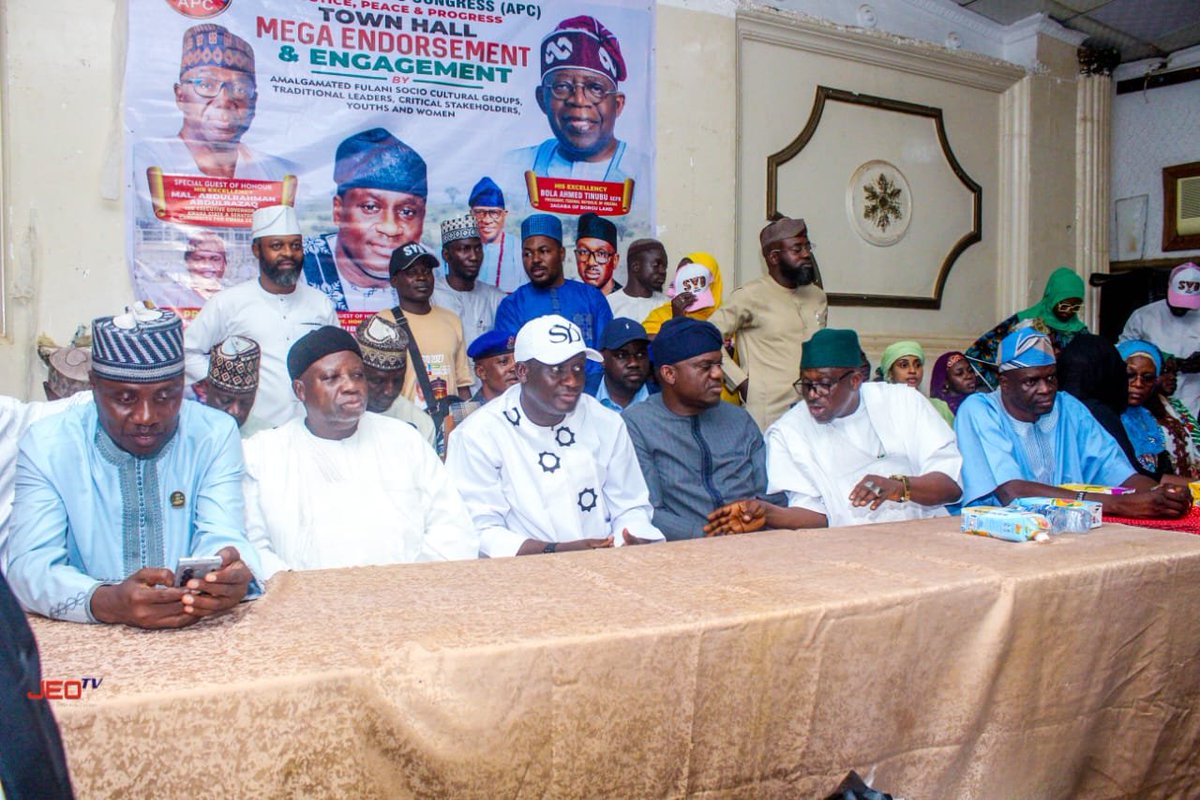 justeventsonlin's tweet photo. 2027: Fulani Groups Endorse Danladi, Other APC Candidates in Kwara, Confer Traditional Title on Speaker

The Amalgamated Fulani Socio-Cultural Groups, alongside traditional leaders, youths, women and other pastoral stakeholders across Kwara State, have endorsed the All Progressives Congress (APC) candidates ahead of the 2027 general elections.

The endorsement was made on Saturday during a town hall mega endorsement meeting held at Favour Hall, opposite Royal Valley Estate, along Zango-Akerebiata, Ilorin.

Speaking on behalf of the groups, former Special Adviser on Strategy to the Kwara State Governor, Hon. Atiku Bahinda Abdulsalam, described the gathering as a demonstration of the Fulani community’s commitment to peace, unity and economic development in the state.

Abdulsalam commended the administration of Governor @RealAARahman AbdulRazaq for what he described as its developmental initiatives, particularly the establishment of the Kwara State Ministry of Livestock Development.

He said the ministry had provided a platform for greater attention to livestock development, pastoral transformation and sustainable agricultural practices in the state.

“We sincerely commend His Excellency, Mallam AbdulRahman AbdulRazaq, for his visionary leadership and remarkable developmental strides across the state,” Abdulsalam said.

“We particularly acknowledge the establishment of the Kwara State Ministry of Livestock Development, a landmark initiative that has positioned Kwara as a frontrunner in livestock transformation and sustainable agricultural advancement.”

While commending existing government interventions, the groups called for further investment in pastoral infrastructure, including structured grazing reserves, improved pasture, modern ranching systems, nomadic settlements, schools, healthcare facilities, access roads and reliable water supply.

They also advocated increased investment in dairy processing and livestock value chains to create jobs, strengthen food security and promote inclusive economic growth.

The groups further called for sustained dialogue and peace-building mechanisms between farmers and herders, improved nomadic education and continued policy support for pastoral communities.

Abdulsalam also appreciated the state government for interventions across rural communities, including the provision of hand-pump boreholes, construction and renovation of nomadic and conventional primary schools, recruitment of teachers and appointments of members of the communities into political positions.

He also commended the government’s humanitarian intervention for displaced persons resettled at Buari Village in Kwara South following inter-community conflicts in neighbouring Oyo State.

The Fulani leadership, while highlighting the community’s presence across virtually all political wards and local government areas in Kwara, described its members as a significant electoral bloc in the state.

The meeting culminated in the endorsement of the Speaker of the Kwara State House of Assembly and APC governorship candidate, Rt. Hon. Engr. Yakubu Salihu Danladi, alongside the party’s candidates for the Senate, House of Representatives and Kwara State House of Assembly in the 2027 elections.

In a symbolic recognition of his leadership, the Amalgamated Fulani Groups also conferred on Danladi the traditional title of “Garso Fulani Kwara,” translated as Leader/Protector of the Fulani in Kwara State.

The groups presented him with traditional symbols associated with Fulani heritage during the ceremony.

Among the prominent Fulani leaders who attended the event were former Deputy Speaker of the Kwara State House of Assembly, Hon. Abubakar Sukababa; Chairman of the Jamu Nati Fulbe Association, Alhaji Umaru Babatunde; Ardo of Fulani in Kwara State, Alhaji Mahmud Ojonla; the Jonwuro of Kwara State; and several Sarkin Fulani representatives from across the state.