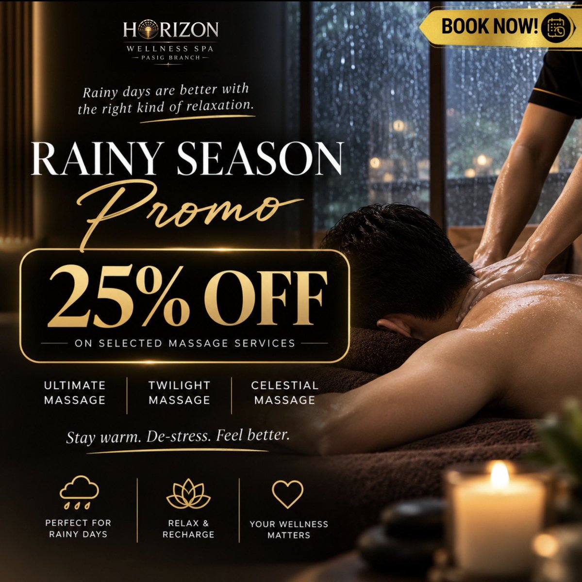 HorizonSpaPasig's tweet photo. 🌧️ Rainy Sunday, Perfect Time to Relax! 💛

End your weekend with a well-deserved escape! 💆‍♂️✨

🎉 25% OFF on:
💆‍♂️ Ultimate Massage
🌙 Twilight Massage
✨ Celestial Massage

🙌 Our therapists on duty are ready to serve you at Horizon Wellness Spa Pasig!

📲 Book your Sunday session today! 🌿