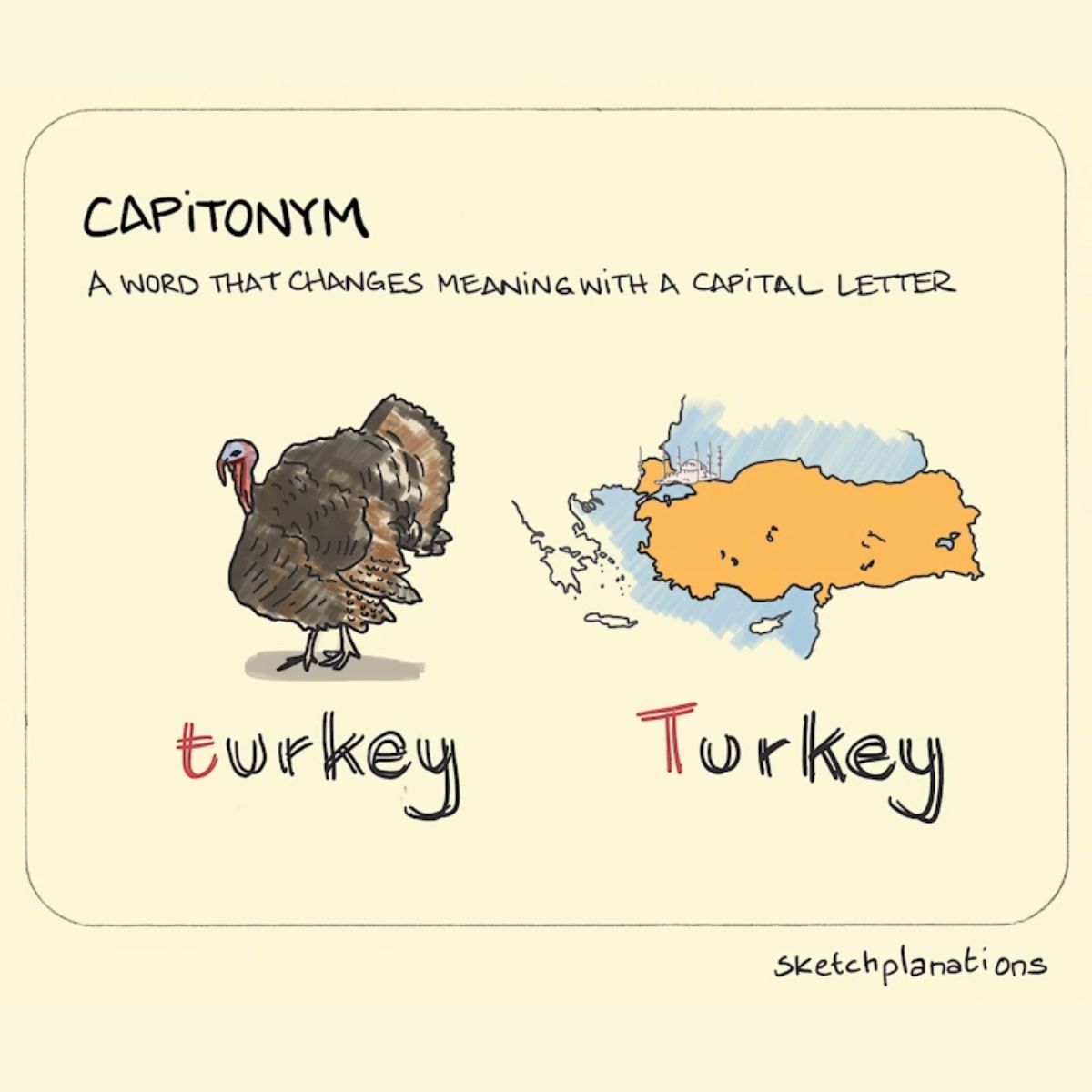 rnishimura's tweet photo. Sempre que eu vejo isso, me lembro de uma vez que uma tradutora, presumidamente profissional, traduziu "Turkey" em um questionário em inglês para o português. Quando fizeram a retrotradução, o cliente ficou confuso porque na lista de países constava o Peru ao invés da Turquia 🤣 https://t.co/6VW9oVEIC9