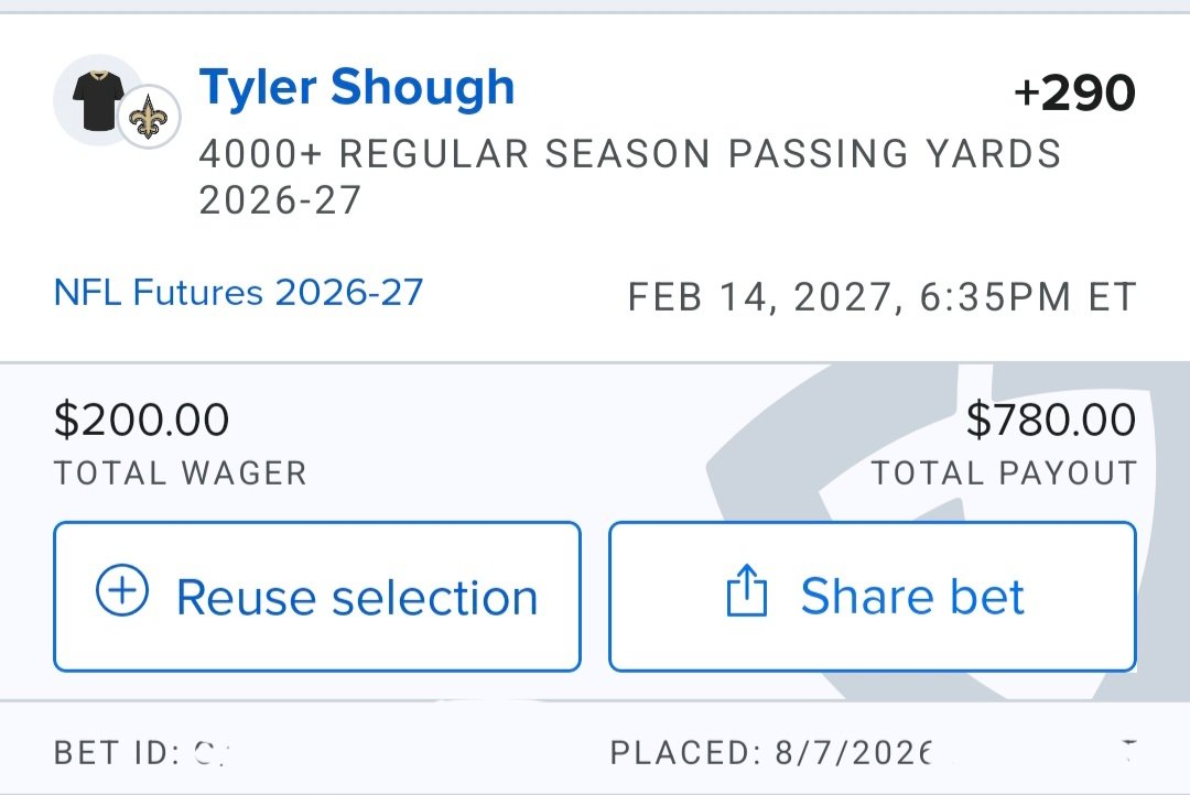 UncutGambitGems's tweet photo. I'm probably far from the only person that's shuffled through the NFL player milestone markets over the last few weeks but can now definitely say that I'm moving onto sharing the major markets and awards after these last four to complete the set:

1. Tyler Shough 4000+ passing yards (+290)

2. Rome Odunze 8+ receiving touchdowns (+300)

3. Brock Bowers 1250+ receiving yards (+440)

4. Chase Brown 1000+ rushing yards (+300)

Shough stepped into the New Orleans Saints starting QB vacuum that existed over the past couple of years and provided hopes that the position has been solved going forward via 2284 passing yards, 10 TD and 6 INT in 11 GP. More importantly here, he ranked 10th in intended air yards/pass attempt (8.3), 13th on on target % (76.5%) and 13th in YPA AVG (7.3) and now gets the likes of Jordyn Tyson, Noah Font, Travis Etienne Jr. injected into an already solid skill position group and NFL's third easiest schedule to rack up the yards in 2026.

Odunze had foot issues which shortened his 2025 but nonetheless finished with a solid 44/661/6 in 12 GP. We saw what was possible with a healthy version of him in the first four weeks of 2025 via 8.75 targets/game and 5 TDs and while competition does exist for targets with Luther Burden and Colston Loveland, a 26th ranked strength of schedule along with a below average defense via 30th in front seven and 17th in secondary rank per Sharp should have them in plenty of passing scripts in 2026 which should benefit all enough for him to get plenty of looks.

Bowers followed up a terrific rookie season (112/1194/5 on 153 targets in 17 GP) with a so-so sophomore season (64/680/7 in 12 GP) where he wasn't totally healthy. He remains the only reliable pass catching option on the Raiders offense after ranking 13th in yards per route run which should funnel targets his way in a league leading manner to where this level of yardage despite Kirk Cousins being behind center should have him threatening this mark.

Brown has suffered from a lack of consistent or good offensive line play in front of him in his two full seasons as starting RB for the Cincinnati Bengals yet one that quietly ranked 10th in run block win rate in 2025 (72%). Despite this, he nearly crossed this mark in 2024 (229/990/7 on 4.3 YPA) and did in 2025 (232/1019/6 on 4.4 YPC) and now gets the added benefit of the NFL's second easiest strength of schedule which along with a healthy Joe Burrow should have the Bengals spending more time salting away game clock and finding success on offense which should lead to another good season for Brown.

#gambitgemfutures
#gamblingtwitter