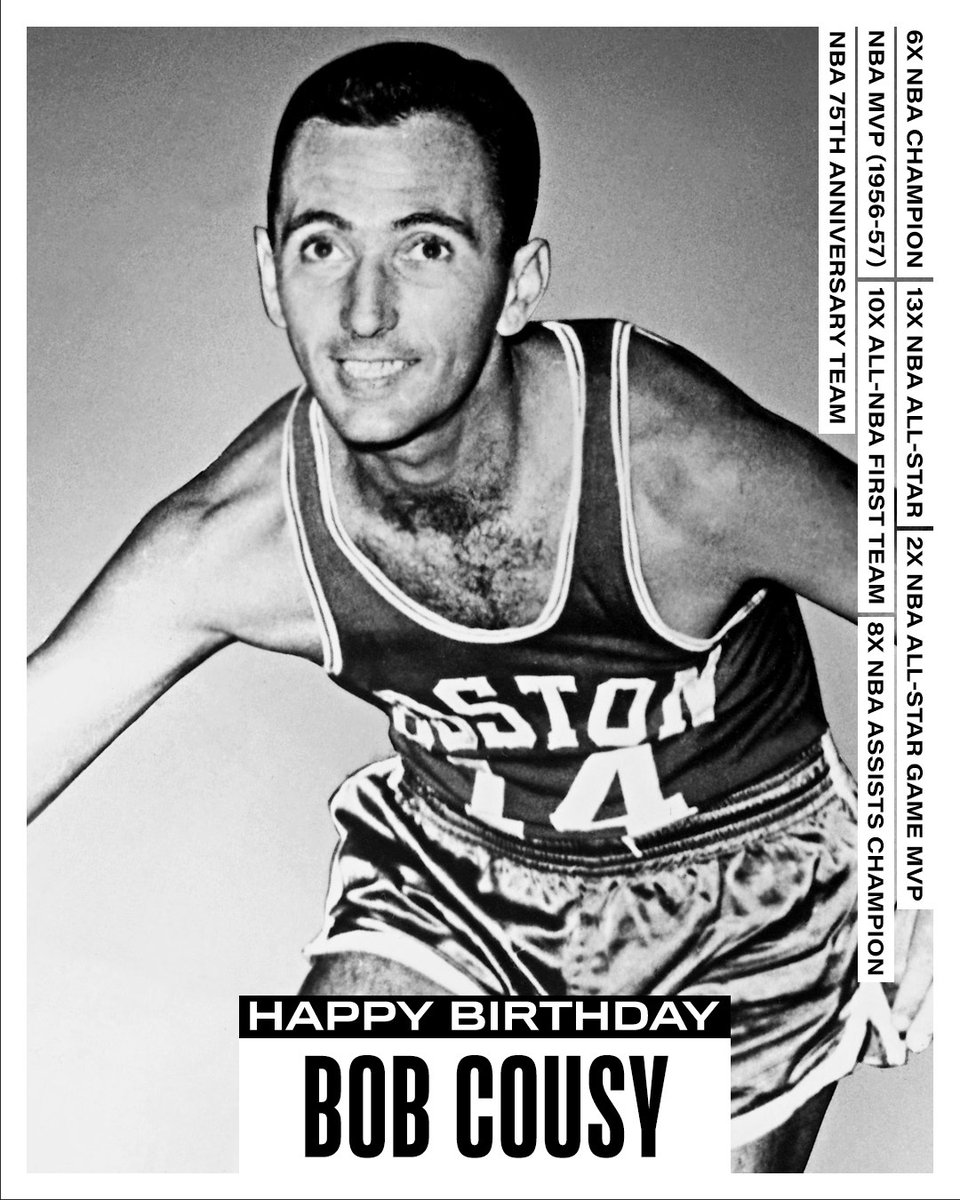 NBAHistory's tweet photo. Join us in wishing a Happy 98th Birthday to 13x NBA All-Star, 6x NBA Champion, 1956-57 NBA MVP and 75th Anniversary Team member, Bob Cousy! https://t.co/9IFvzNuFIL