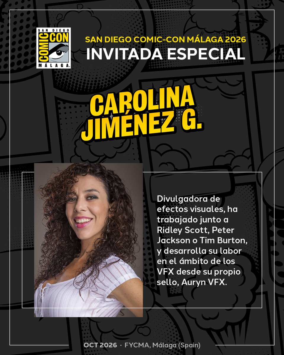 comicconmalaga's tweet photo. 🇪🇸 Carolina Jiménez G. llega a San Diego Comic-Con® Málaga 2026 para compartir su experiencia como referente española en efectos visuales ✨

🇬🇧 @Okinfografia is coming to SDCC Málaga 2026 to share her experience as a leading Spanish figure in visual effects ✨ https://t.co/7nOVpfQkX7