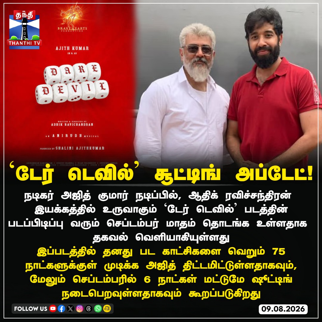 ThanthiTV's tweet photo. `டேர் டெவில்' சூட்டிங் அப்டேட்!

#AjithKumar #AdhikRavichandran #AK64 #DareDevil #Anirudh #thanthitv https://t.co/jIAD6OVT2n