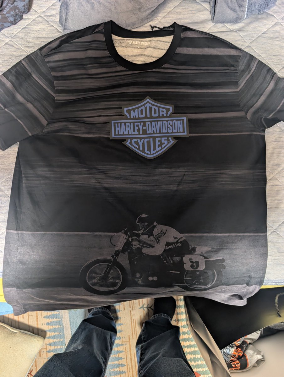 egoistok's tweet photo. 本日の稲妻フェスティバルで買った商品
ハーレーダビッドソンのtシャツ2枚とA LEATHERのレザージャケット1枚です　
ALEATHERのレザージャケットが4万買えたのはデカい
#稲妻フェスティバル
#ALEATHER https://t.co/zb3W0ZJMmD