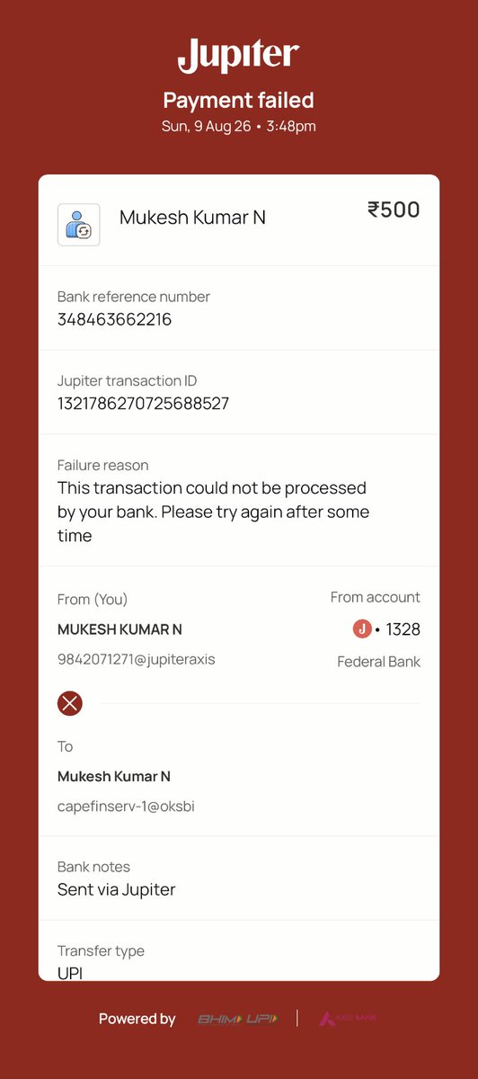 Mukeshnmk's tweet photo. @TheJupiterApp @FederalBankLtd
I had made a transaction using your Jupiter app but the transaction failed in your application. But the amount was debited from the account. I need a proper explanation and refund of the amount. https://t.co/X04PGa5QwN