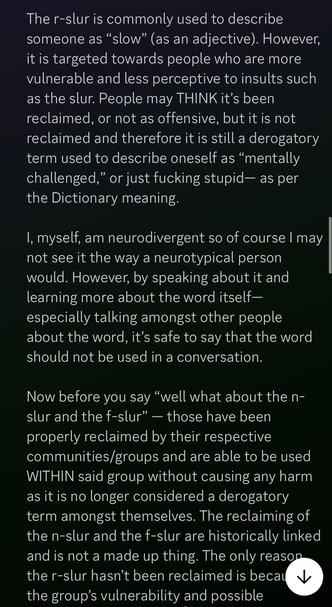 gretchdens's tweet photo. @AsyaShines DELETE YOUR ACCOUNT QUICK!! DELETE IT!! DELETE DELETE DELETE!!
here’s a source for you to read https://t.co/7vA1SquYkK
The R-Slur is NOT reclaimed. Stop saying it. It DOES make you ableist. https://t.co/0CdWOayNAt