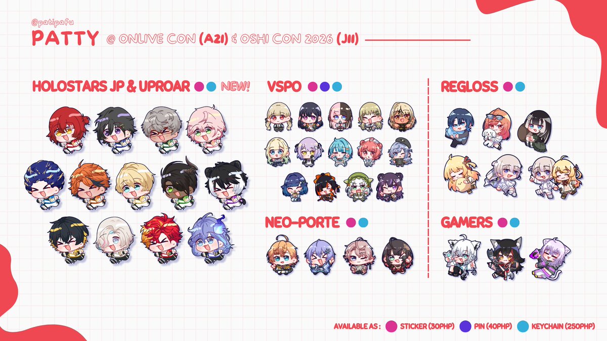 patipafu's tweet photo. [ 🍮 Patty's #ONLivePH2026 (A21) &amp; #oshiCon2026 (J11) Catalogue 🍮 ]

🍮VSPO!, NeoPorte, Holostars, Hololive, Nijisanji

Here's my merch catalogue for both ONLive and OshiCon! 👊

Got new VSPO! merch again, including some plush charms! But really few stocks 👀

Samples in reply⤵️ https://t.co/KGWHHikWIU