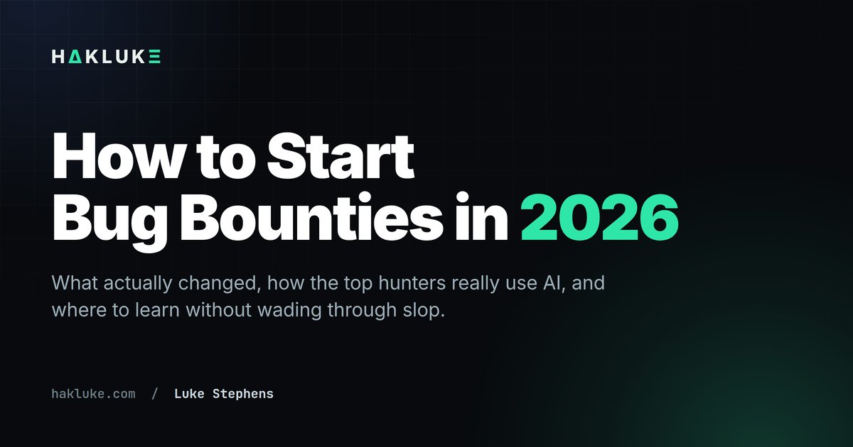 hakluke's tweet photo. If you’re planning to start (or restart) doing bug bounties in 2026, these are my quick tips for you:
→ Solidify your fundamentals (skip this if you’re restarting)
→ Use AI to amplify your skills (this won’t work if you have 0 skills)
→ Aim for high-to-critical impact bugs (low chance of dupe, higher bounty)
→ 0-cost resources: Critical Thinking Bug Bounty Podcast, Portswigger, X, Reddit, HackingHub
→ Build deterministic tools for repeatable tasks using AI (lots of free models for this)

That’s very much it.

For the longer version, here’s my latest blog:
https://t.co/hHNSH0UEAE