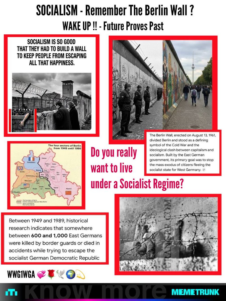 PhilomenaGrady's tweet photo. REMEMBER THE BERLIN WALL ??

Socialism is SO GOOD that they had to build a wall to keep people from escaping all that happiness !!

Future Proves Past !

Do you really want to live under Socialist Regime ??

💞🌹🕊🌍💫 https://t.co/NvQ16HKfFO