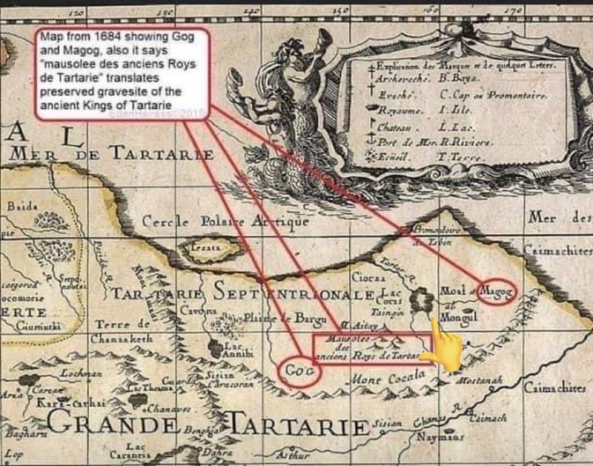 My_TeslaModelS's tweet photo. Map from 1684, showing Gog and Magog &amp; The Tartarian Emperors Genealogy. 

Translation:  “Preserved gravesite of the ancient Kings of Tartarie” 🤔 

What’s Gog and Magog? https://t.co/3WzKxbGynM